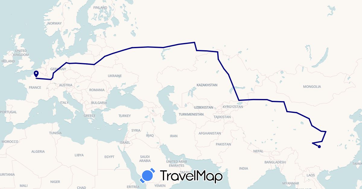 TravelMap itinerary: driving in Belarus, China, Germany, France, Kazakhstan, Poland, Russia (Asia, Europe)